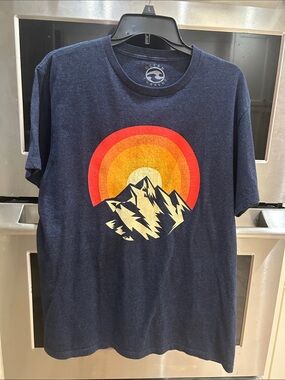 Ocean Current Navy Short-Sleeve Tee with Sunset Mountain Graphic